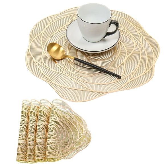 GoXteam Round Placemats Pressed Vinyl Metallic Flower Place Mats Set of 4 Heat Resistant Dining Table Mats Gold Placemat for Wedding Party Kitchen Decorations