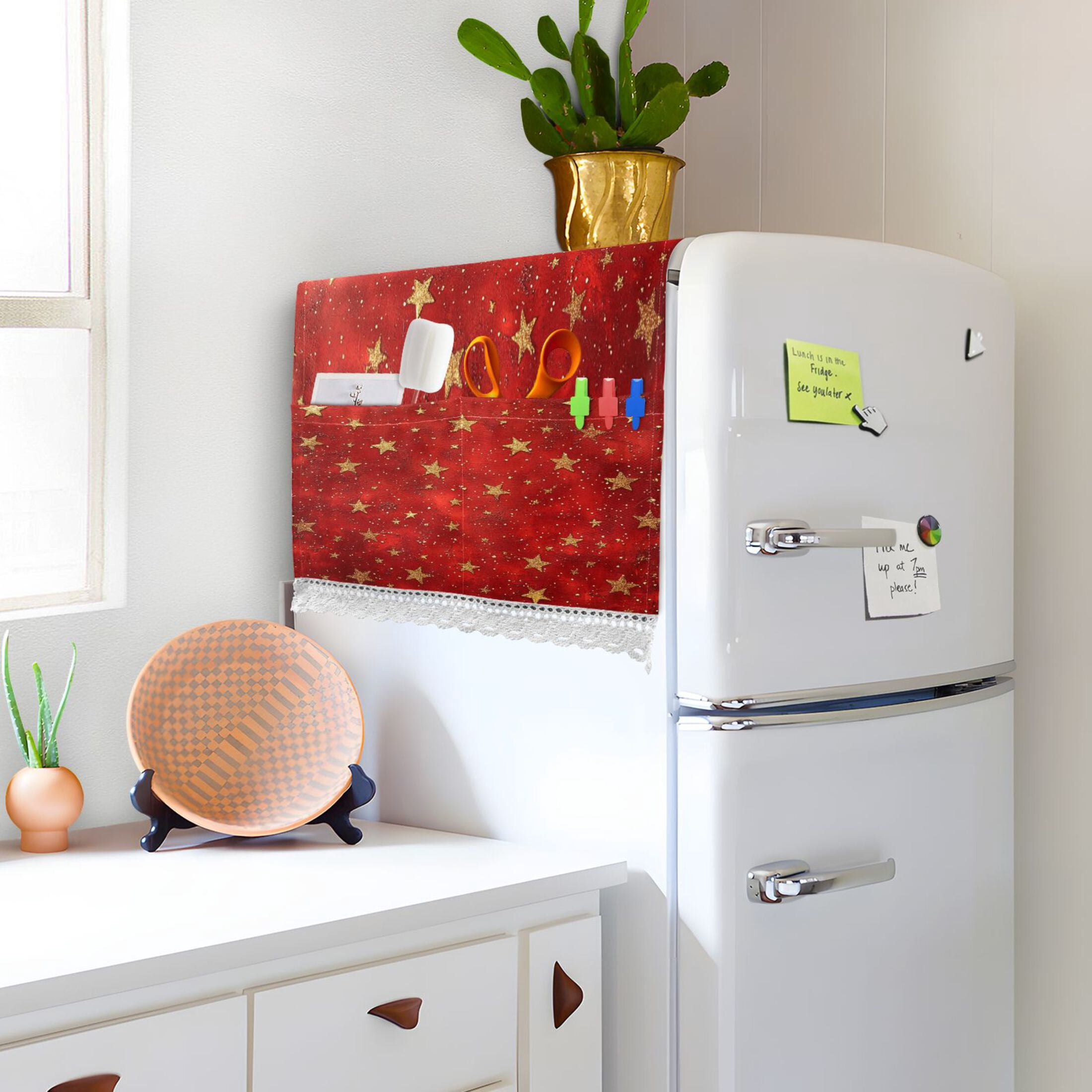 Red Background with Golden StarsWasher and Dryer Covers Dust-Proof and Oil Resistant Fridge Cover with 4 Storage Pockets Washing Machine Top Cover for Laundry Kitchen Home 51.2 x 22 In