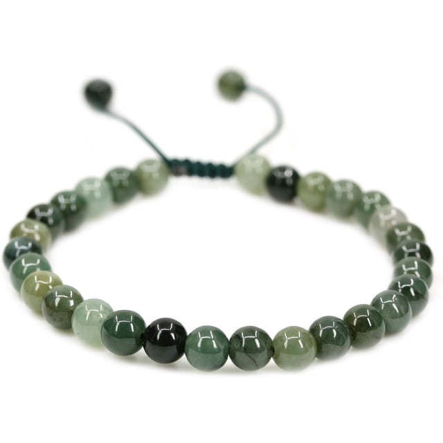 Angelstones Perles Rondes en Jade Vert Foncé 6mm Faites à la Main avec Pompons en Macramé Tressé Réglable Bracelets Chakra Reiki 7-9 Pouces Unisexe