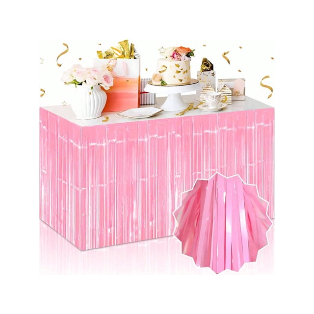 Nvzi Juego de 5 faldas de mesa con flecos metálicos de color rosa de 29 x 108 pulgadas (9 pies de largo), faldas desechables de oropel para carrozas de desfile,cumpleaños, baby shower, boda