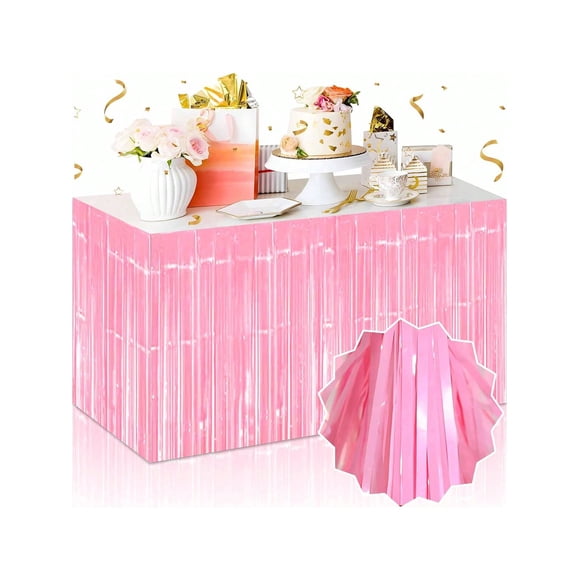 Nvzi Juego de 5 faldas de mesa con flecos metálicos de color rosa de 29 x 108 pulgadas (9 pies de largo), faldas desechables de oropel para carrozas de desfile,cumpleaños, baby shower, boda