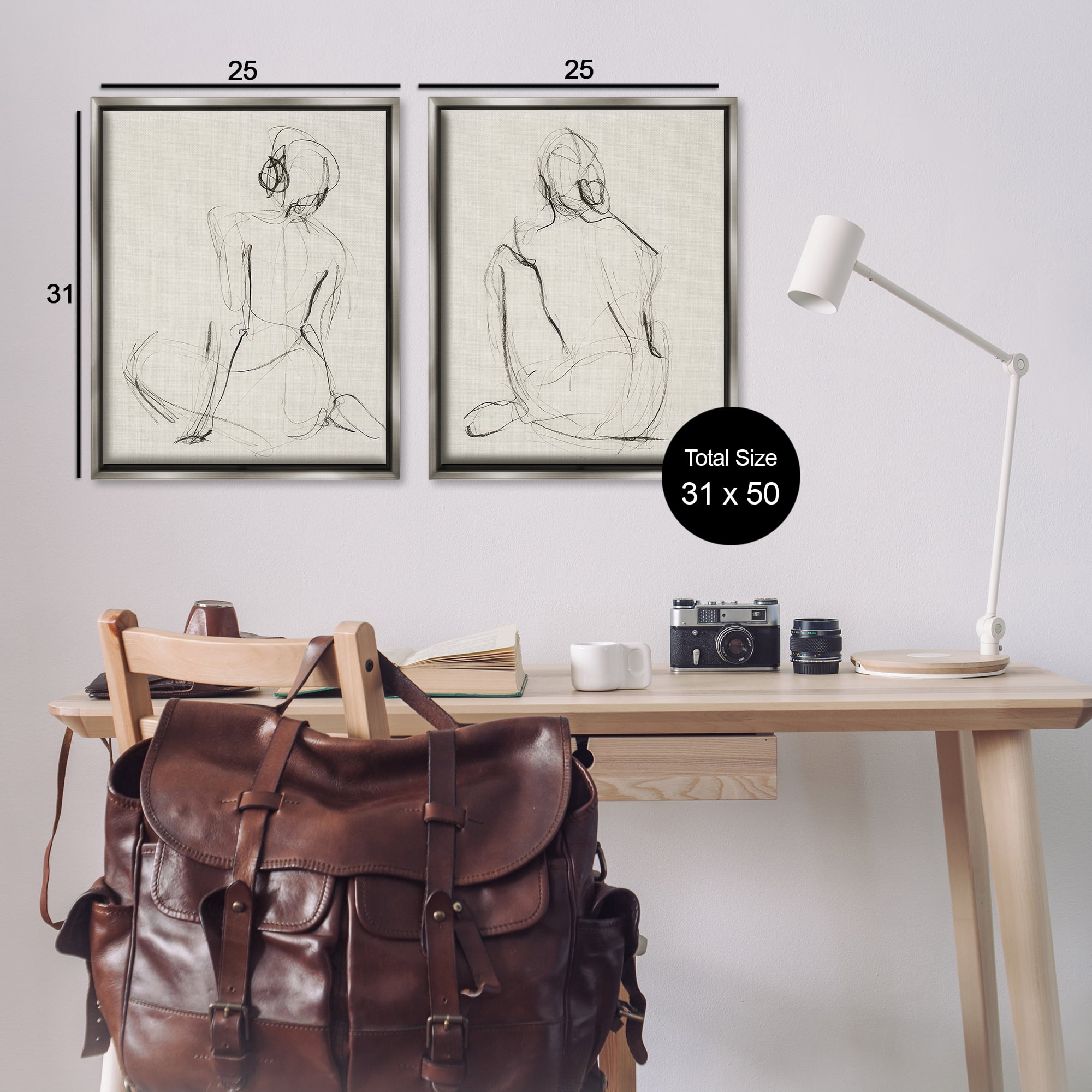 Stupell Industries Sitting Female Figure Drawing People Drawing Gray Floater Framed Canvas Art Print Wall Art, 31 x 25, Set of 2
