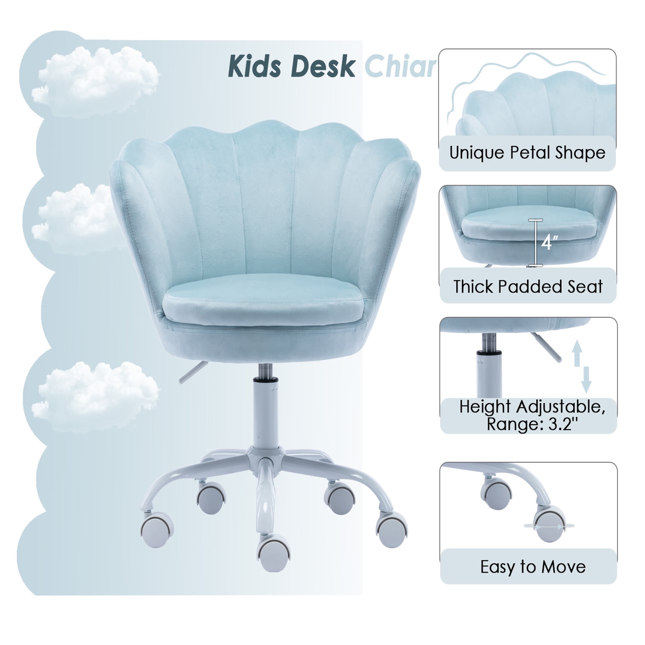 Guyou Kids Desk Chair, Velvet Rolling Swivel Children Chair, Adjustable Student Task Chair, Petal Type Backrest Vanity Chair for Bedroom Dormitory Children Gifts, Blue