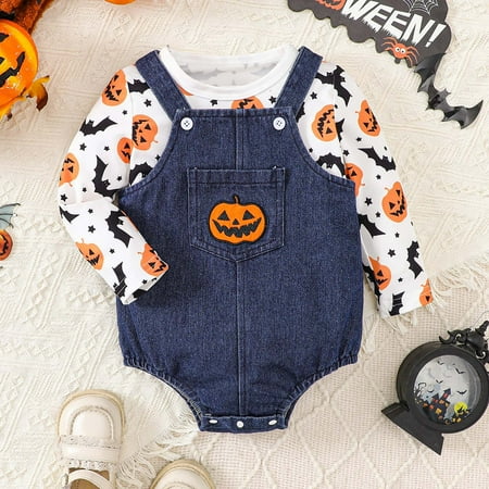 

Hbdhejl Outfit Set For Girls Boys Toddler Infant Long Sleeve Cartoon Pumpkin Animal Printing Tops Denim Overalls 2Pieces Childrens Clothing White 12-18 Months