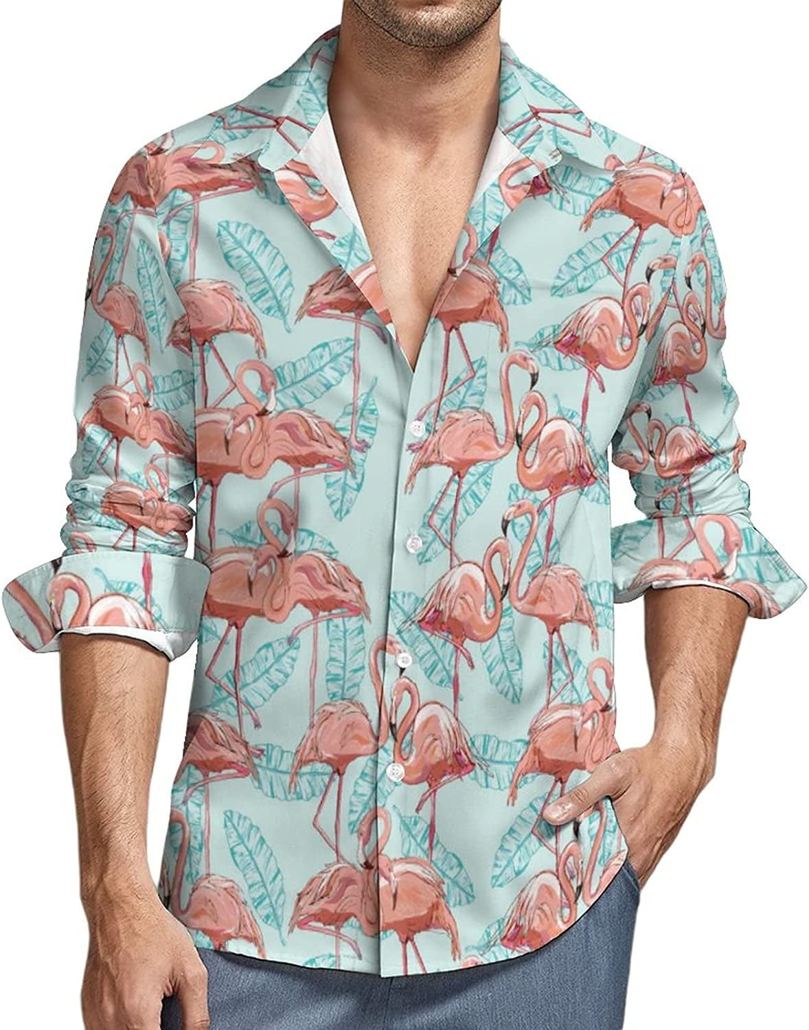 Summer Pink Flamingo Men's Shirt Long Sleeve Button Down Casual Blouse