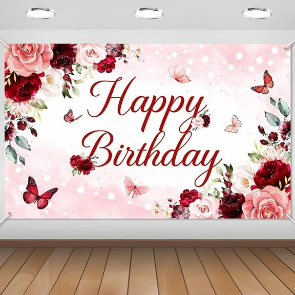 Floral Happy Birthday Banner for Women Girls Rose Gold Red Floral Birthday Party Decorations for Women Burgundy Flower B-day Party Supplies Banner (6x3.6ft)