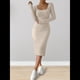 thumbnail image 5 of Vestido de Otoño para Mujer, Larga, Cuello Cuadrado, Tejido, Midi, para Playa, Resort, con Abertura, Maxivestido Ajustado. Albaricoque Beige L, 5 of 8