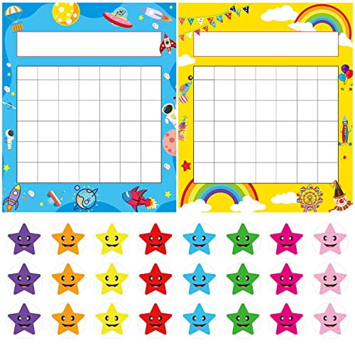Pack of 64 Incentive Chart, Yoklili Colorful Rainbow & Space Theme Desk Incentive Pad for Classroom Teachers Students, Includes 1600 Star Stickers