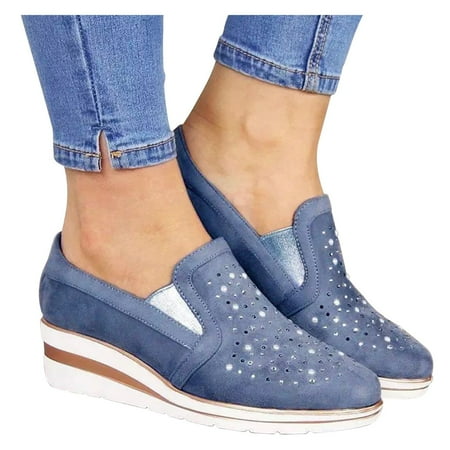 Oyedens Wedge Walking Shoes for Women Fashion Casual Rhinestones Heels Slip on Work Loafers