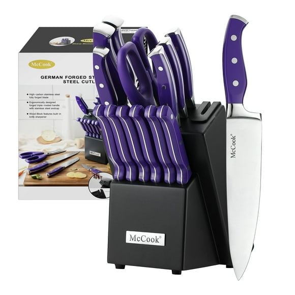 McCook MC27 14 Pieces Stainless Steel kitchen knife set with Wooden Block, Kitchen Scissors and Built-in Sharpener, Purple