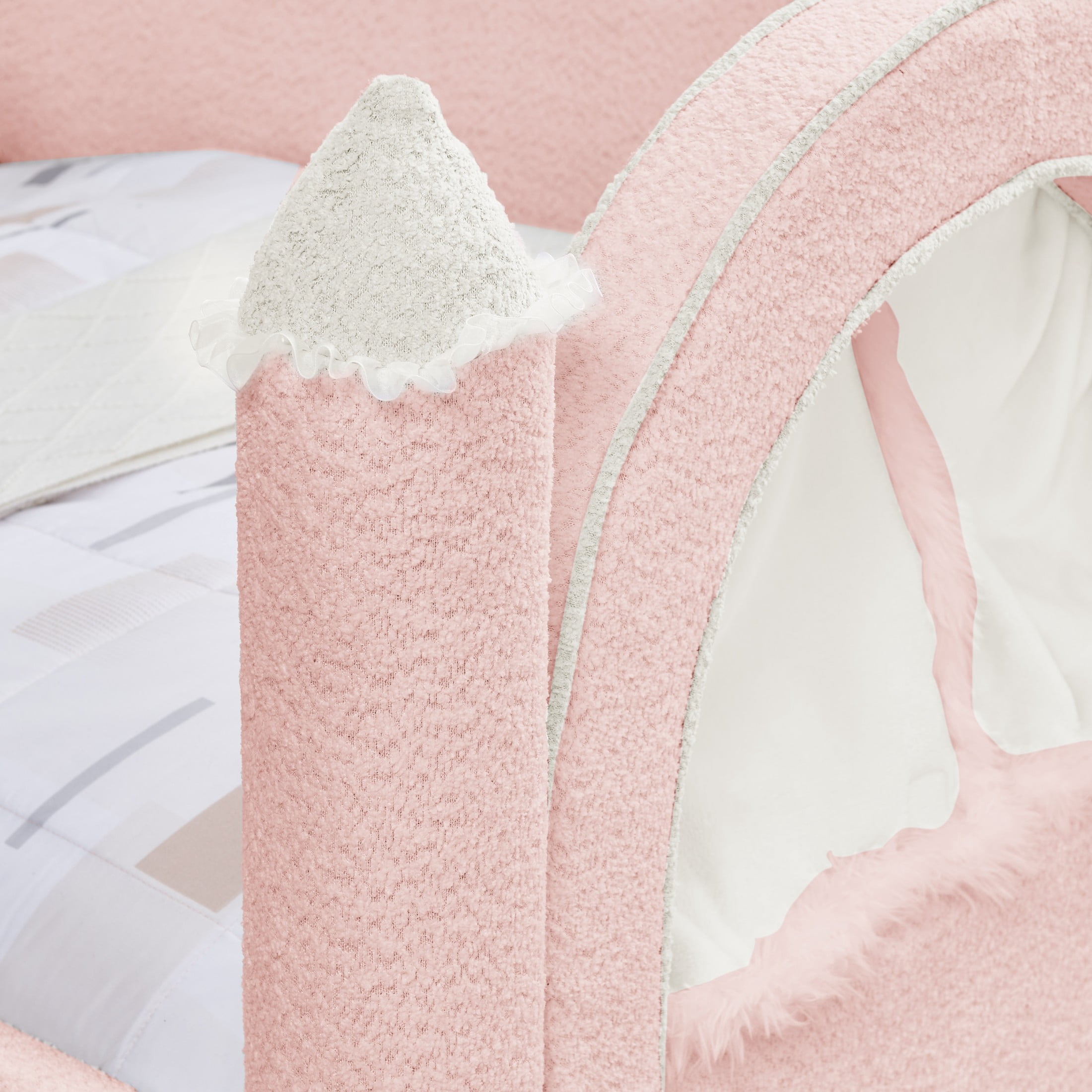 GDF Studio Solley Twin Size Castle Bed with Safety Guardrails, Curtain & Wood Frame, Boucle Upholstered Bed, Pink