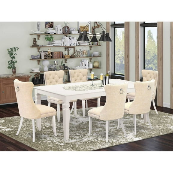 7 Piece Dinette Set - Rectangle Dining Table with Leaf & 6 Linen Chairs