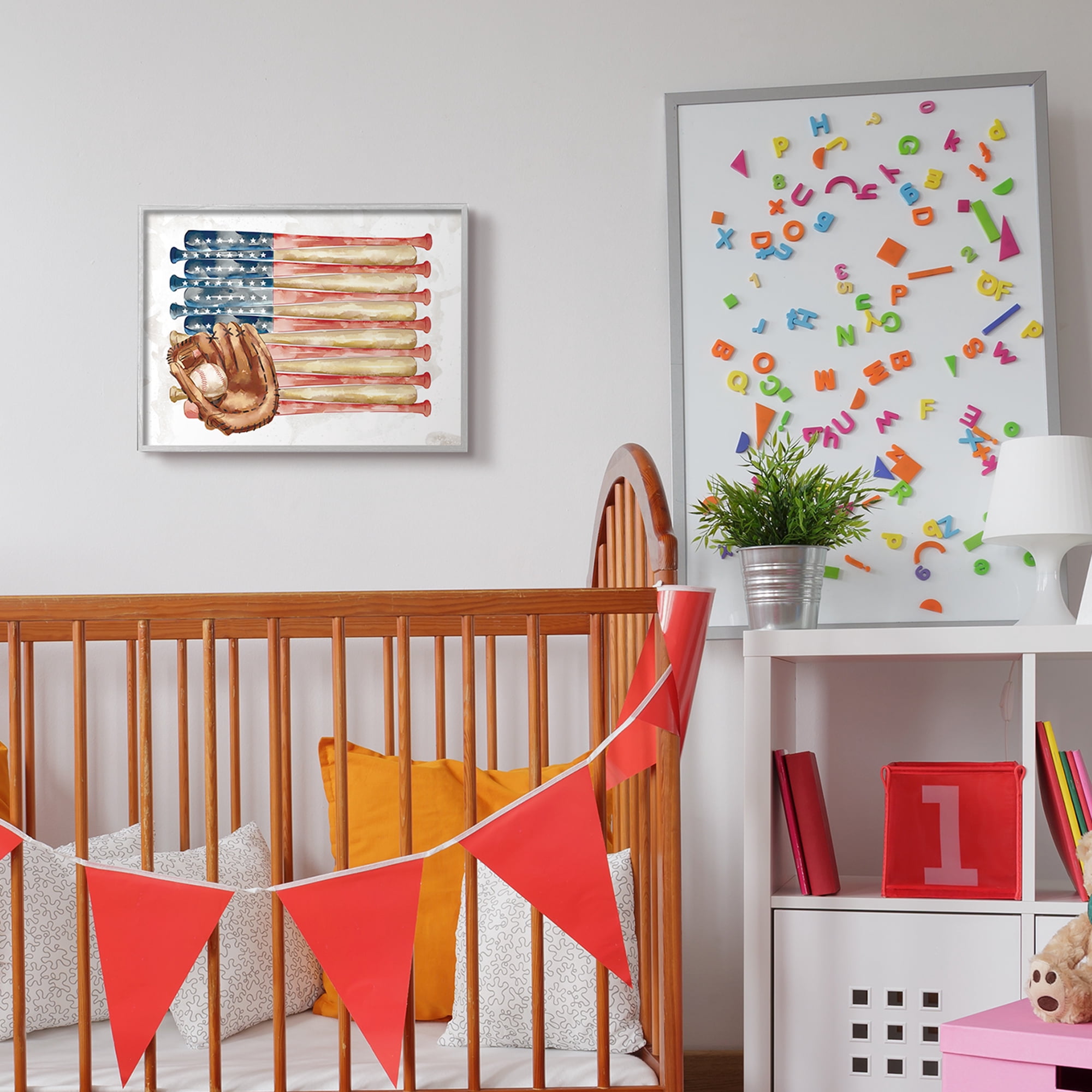 Stupell Industries American Baseball Flag Children's Sports Mitt Sports Painting Gray Framed Art Print Wall Art, 16 x 20