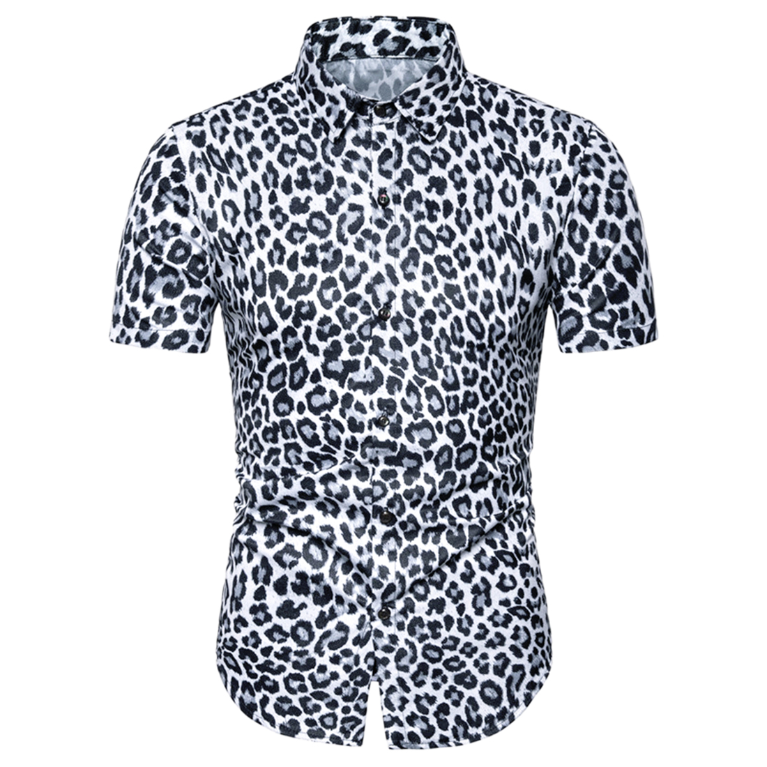 Lars Amadeus Men's Leopard Print Short Sleeve Vintage Animal Cheetah Print  Shirt White S