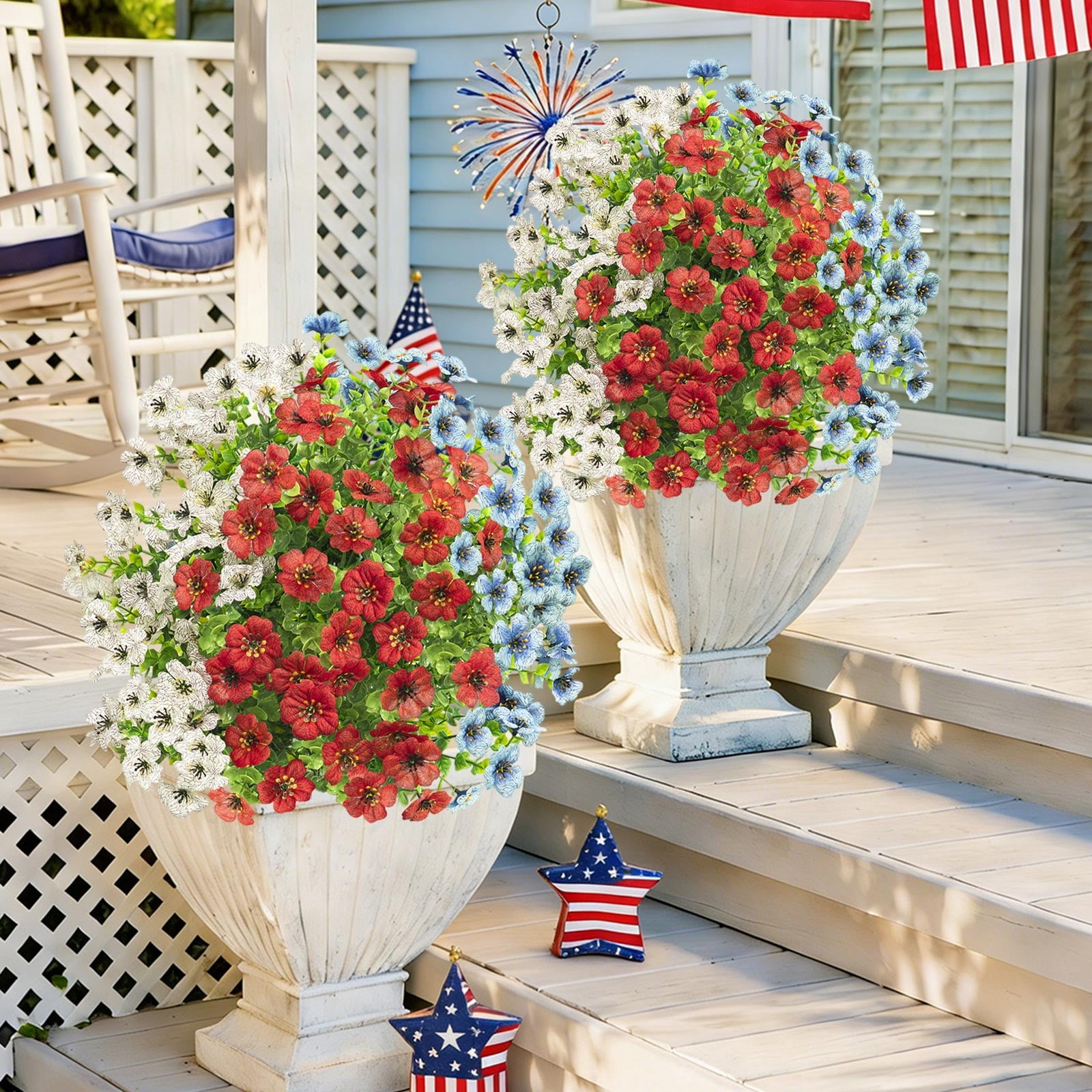 Bcylexb 4th of July Patriotic Artificial Flowers for Outdoors, UV Resistant Realistic Fake Flowers with Stake for Independence Day Indoor Home Garden Decor