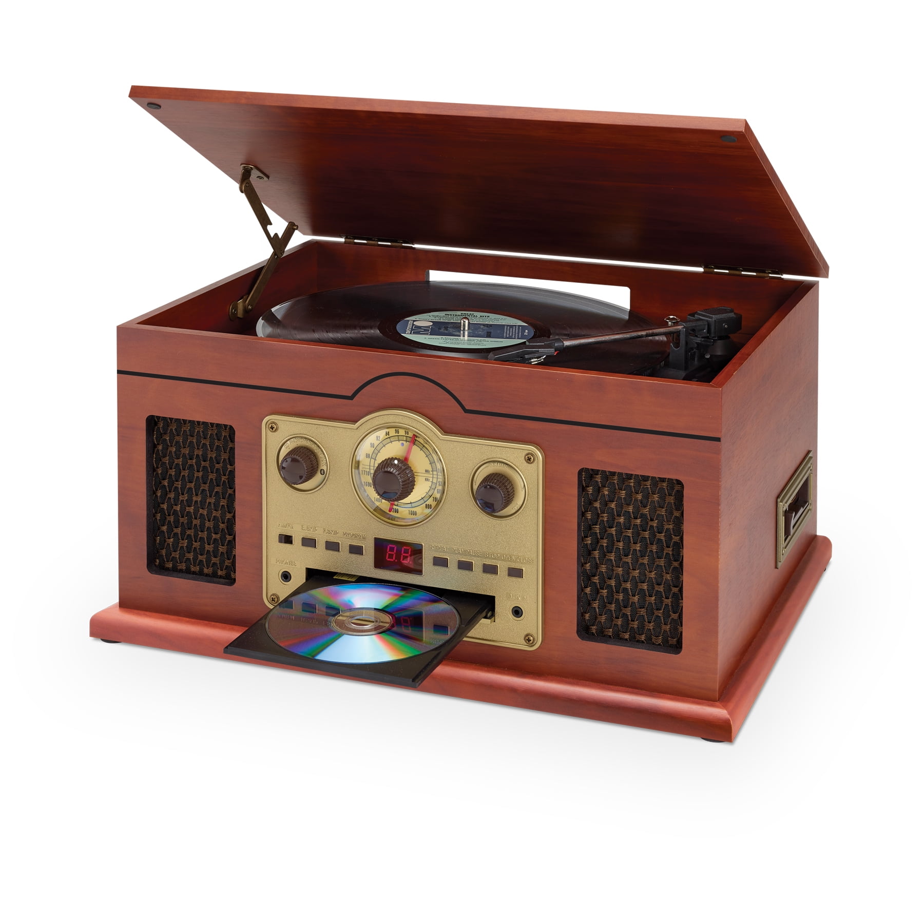 iLive 6-in-1 Bluetooth Turntable with CD/Cassette Players and AM/FM Radio, ITTB610LW, Brown