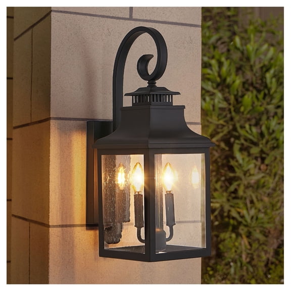 Outdoor Wall Lantern Light, 23" Vintage Black Metal Sconce, Clear Seeded Glass, Porch Patio Garden Decor - Bulb Not Included