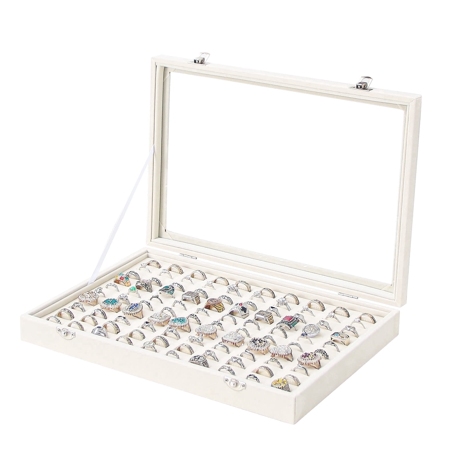 Coward 100 Slots Ring Holder Organizer Display Case Box, Rings Tray with Glass Lid, Jewelry Storage Tray with Glass Lid for Women(Beige)
