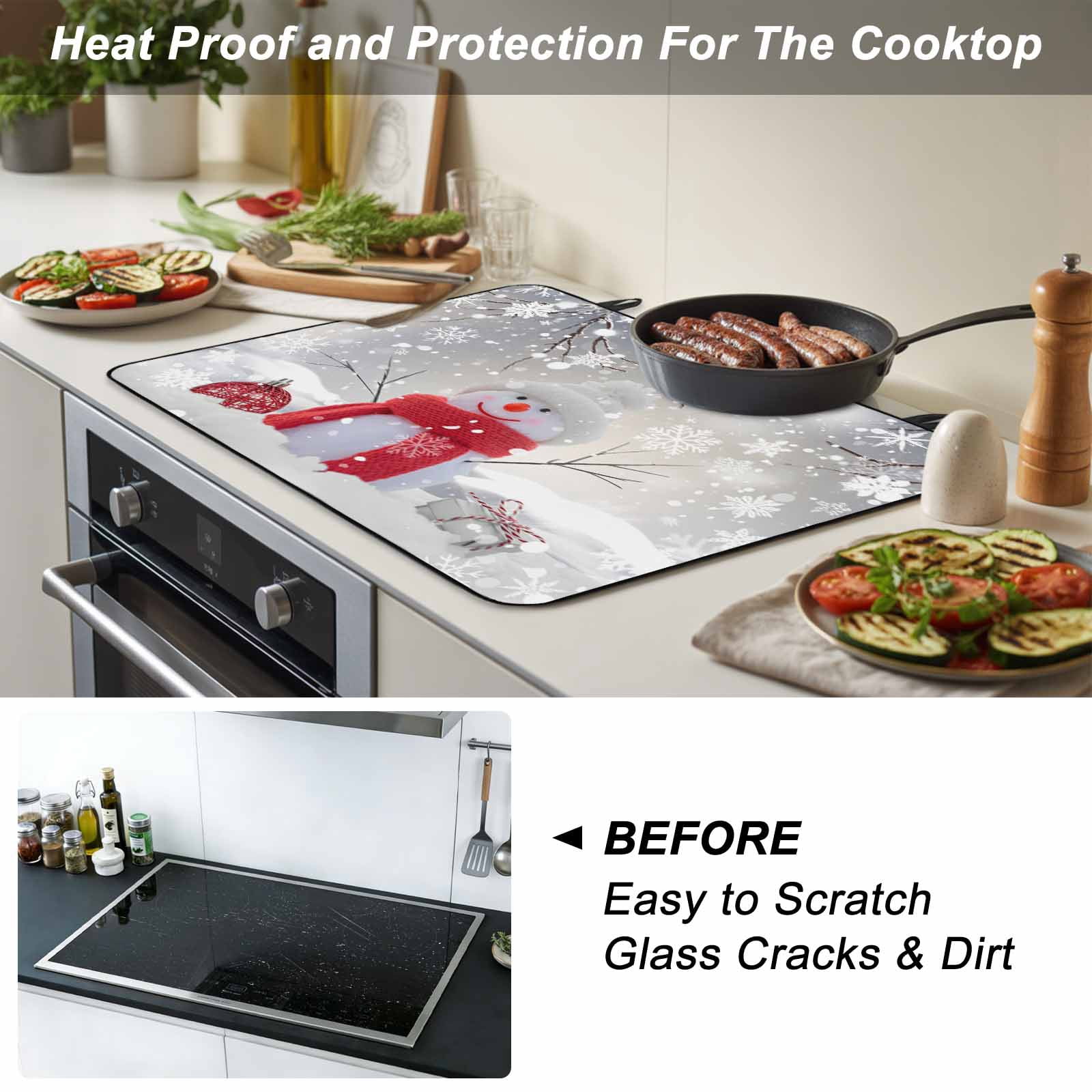 Grey Snowman Christmas Stove Top Cover for Electric Stove, Heat-proof & Non Slip Glass Top Stove Cover Protector, Xmas Snowflake Branch Kitchen Flat Cooktop Rubber Mat 24x21 Inches