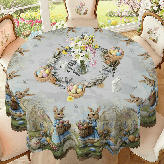 YOPINCO Easter Round Tablecloth Rabbit Circular Tablecloths for Kitchen Dinner Tabletop Decoration Easter Egg Spring Floral 60inch