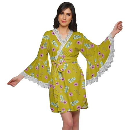 

Moomaya Printed Bathrobe For Girls Bell Sleeves Robe For Women Crossover Robes