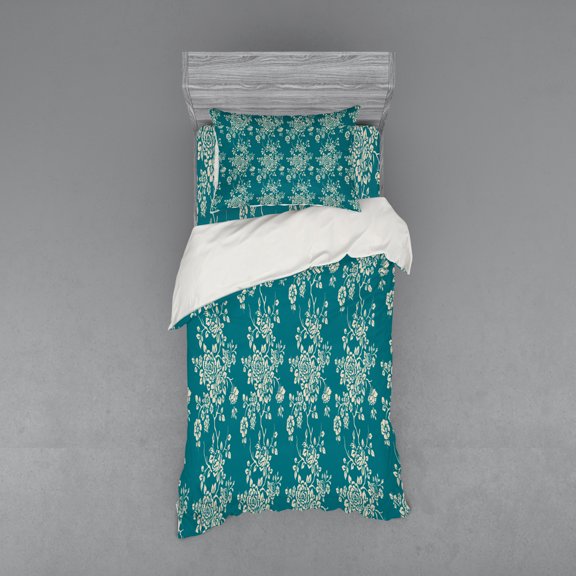 Ambesonne Leaf Bedding Set 3 Pcs, Roses on Blossoming Branches, Twin XL, Teal Beige