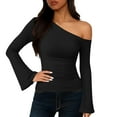 thumbnail image 6 of HAPIMO Women's Off Shoulder Tops Bell Sleeve Shirts Dressy Long Sleeve Asymmetrical Slim Fit Blouses Lightweight Going Out Tops Ruched Shirts Black XXL, 6 of 9