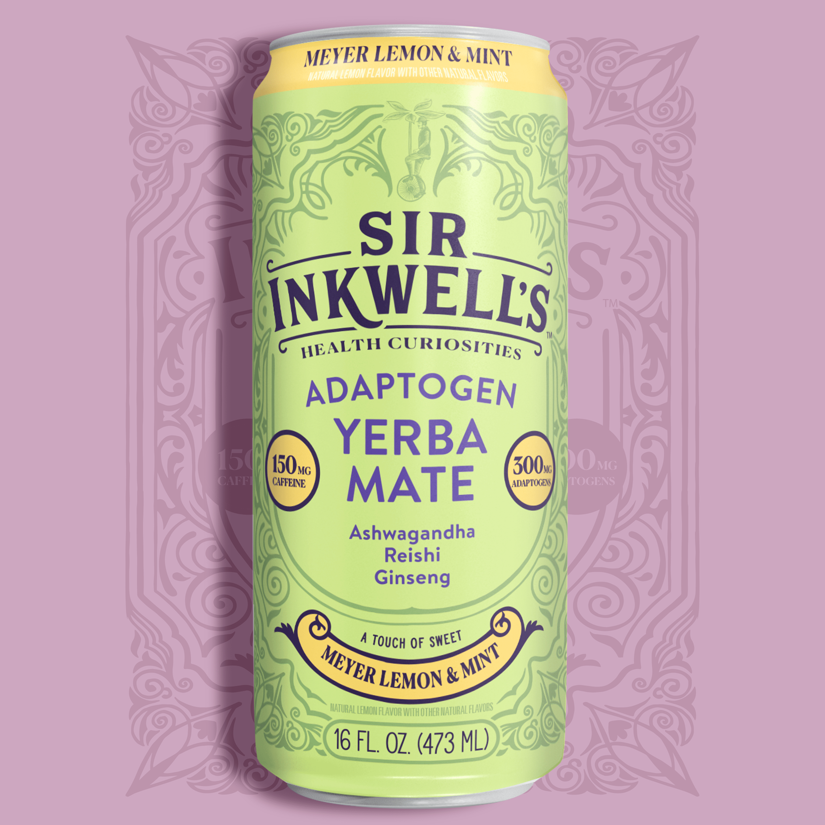 Sir Inkwell's Adaptogen Yerba Mate Tea, Meyer Lemon & Mint Flavor, 16 oz, 12 Pack