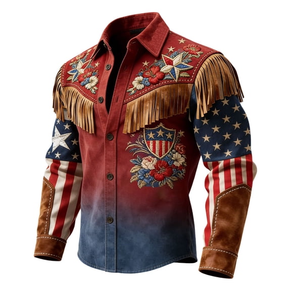 American Flag Shirts for Men Denim Fringes Western Long Sleeve Button Down Loose Fit Casual 250Th Birthday Tops Navy L