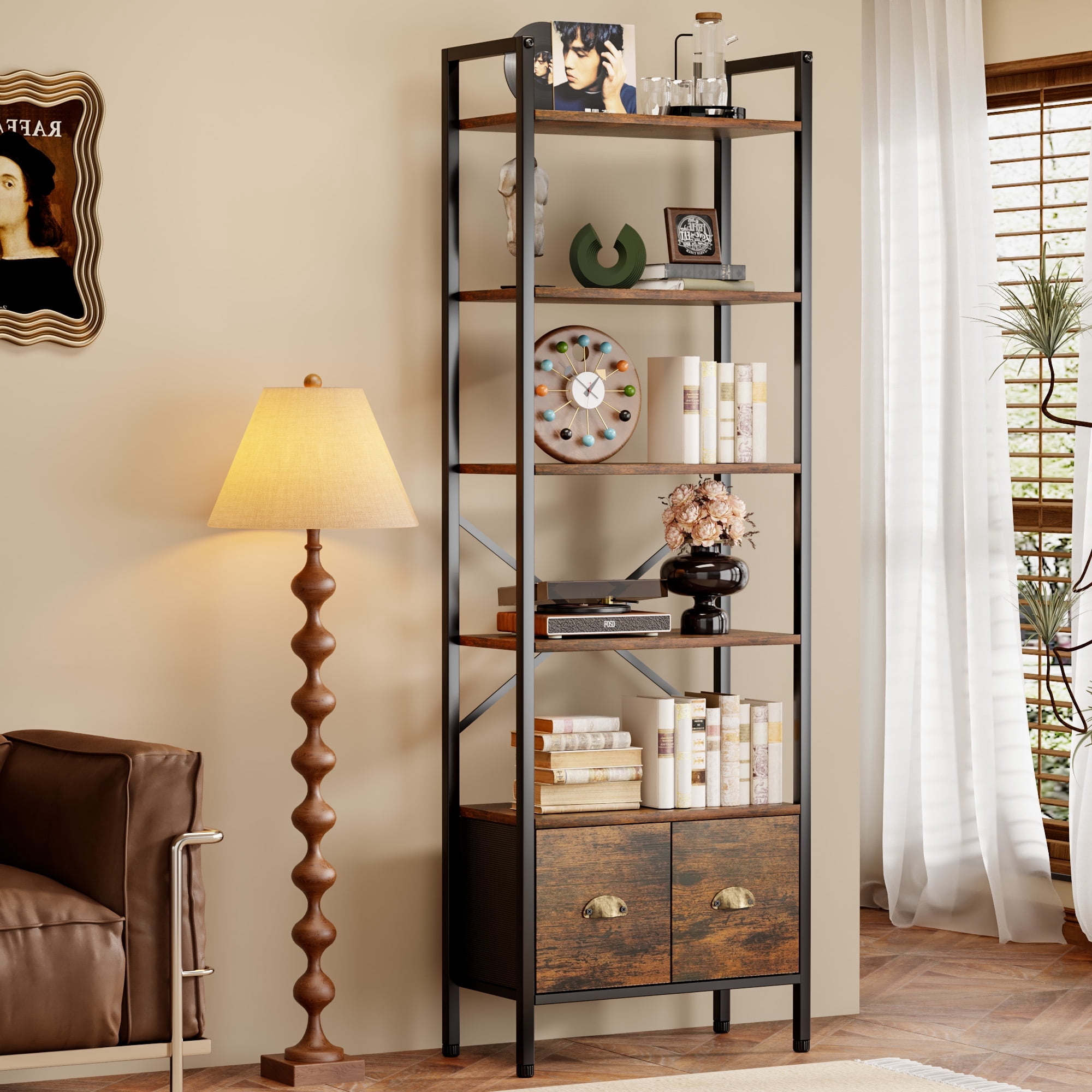 BEHOST 6-Tier Bookshelf with 2 Drawer, Tall Bookcase with Shelves, Wood and Metal Bookshelves Storage Organizer, Modern Book Shelf for Bedroom, Living Room and Home Office, Rustic Brown