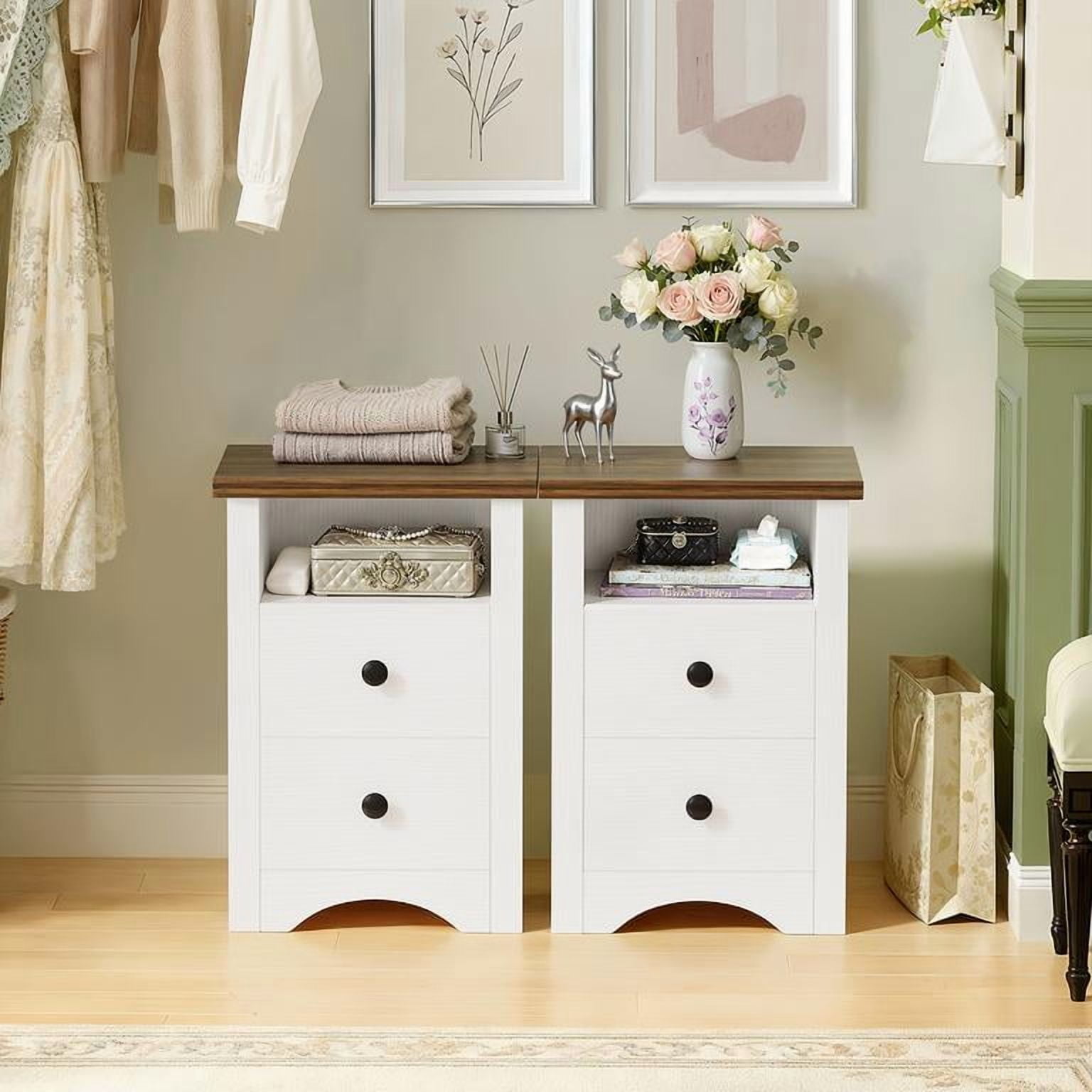 Lacoo End Table Set of 2 with 2 Drawers & Open Shelf, Nightstand for Bedroom Wood Side Table for Living Room, White