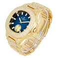 thumbnail image 3 of Fully Iced Mens Big Rocks Bezel Color Dial with Baguette , Cuban Chain Bracelet, Cuban Necklace, Tennis Chain & Ring - CRNT (ST10235 VO GLD BLUE, 12), 3 of 9