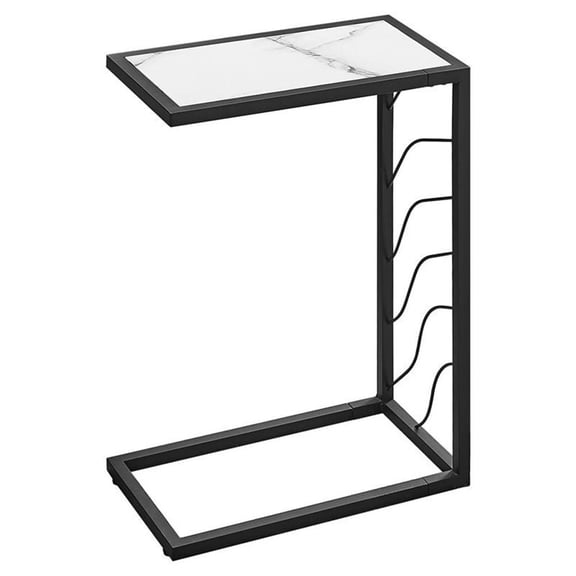 Pemberly Row C-Shaped Accent Table with Wave Frame in White Marble Look