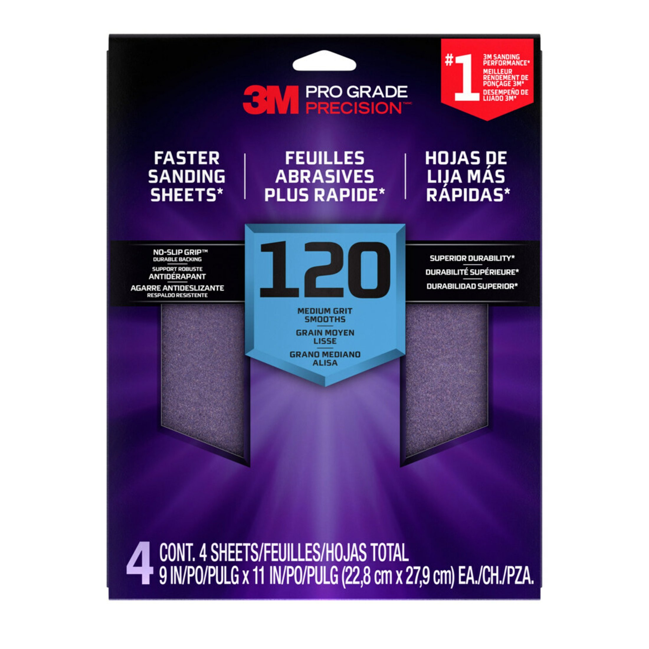 3M Pro Grade Precision Sandpaper, No-Slip Grip Backing, 9 in x 11 in, 120 Grit, 4 Sheets