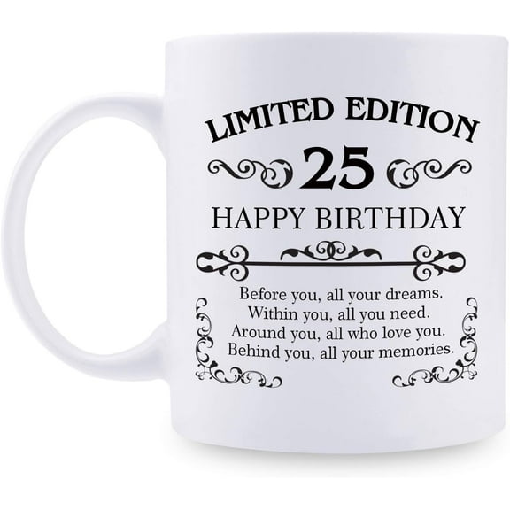 25th Birthday Gifts for Women Men - 11 oz Coffee Mug - 25 Year Old Present Ideas for Son, Daughter, Sister, Brother, Friend, Colleague, Classmate (25th Birthday Gift)