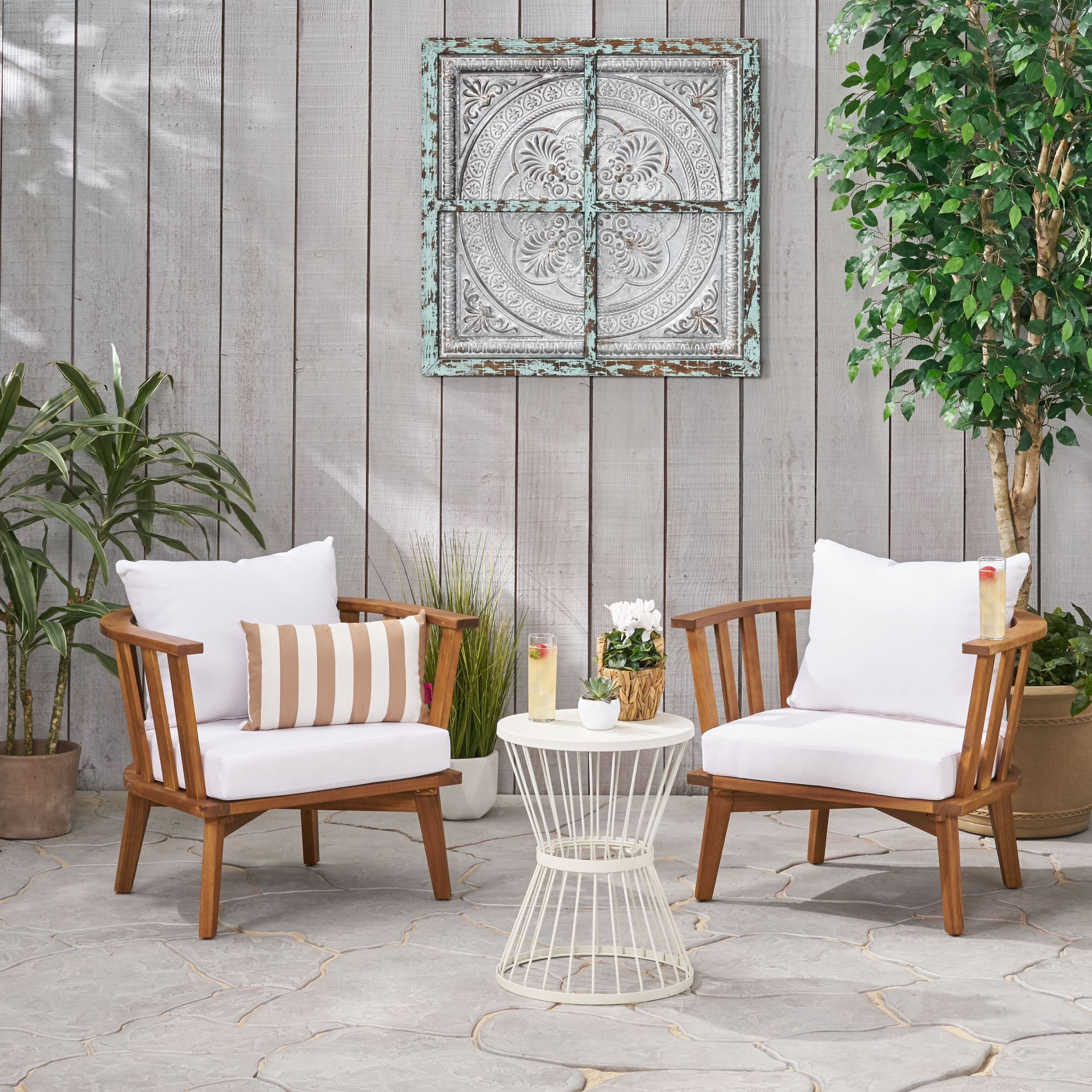 Noble House Phipps 3-Piece Outdoor Wood Conversation Set in Teak and White - image 2 of 6