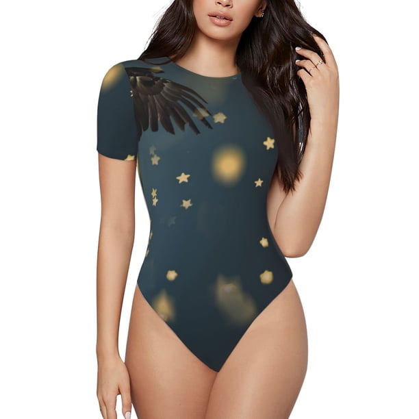 Balery North American Bald Eagle Body de cuello redondo de manga corta para mujer Tops de manga corta Tops básicos-Large
