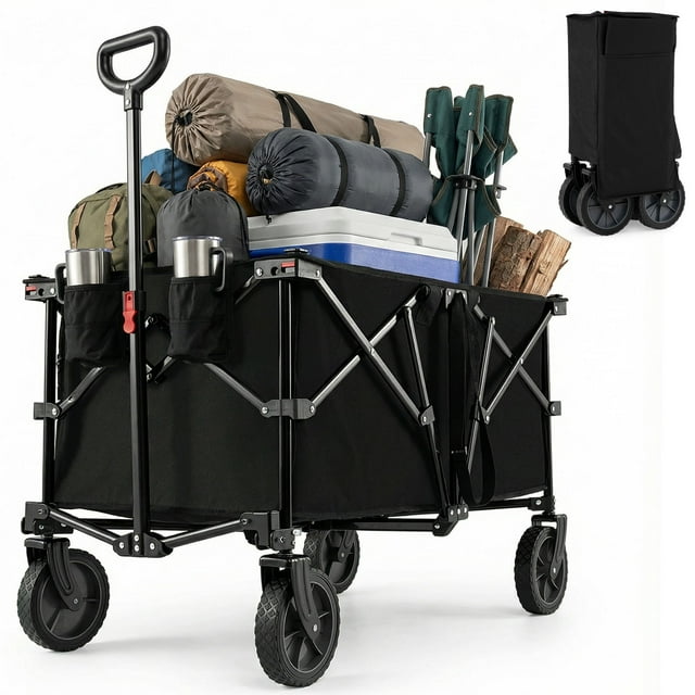 Gymax Chariot Pliable de 38 Pieds' avec Roues Tout-Terrain, 2 Porte-Gobelets, Poignée Ajustable
