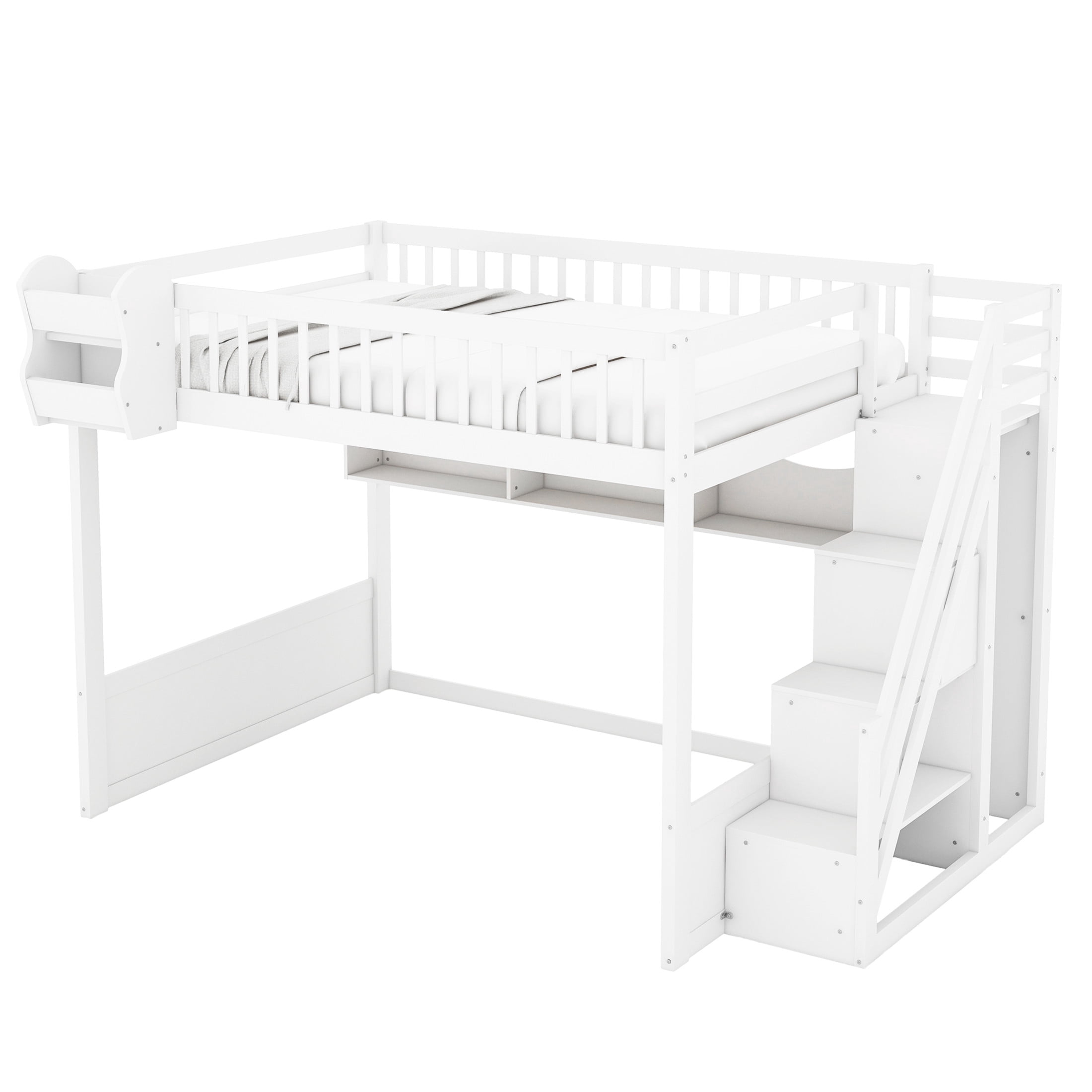Noble House Brindle Queen Size Loft Bed with Storage Staircase and Wardrobe, Wood High Loft, Under-bed Space, White