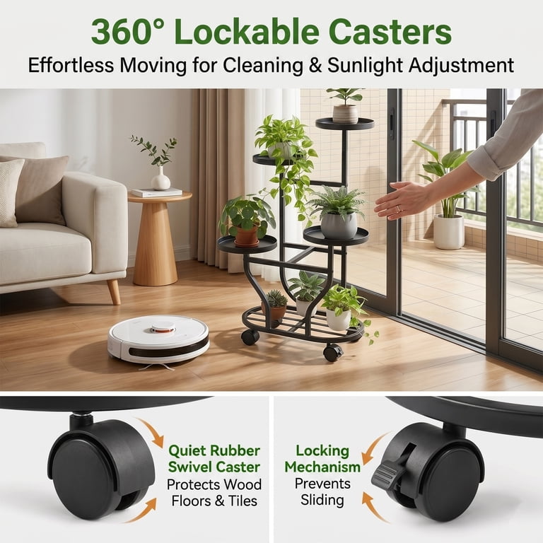 5-Tier Rolling Metal Plant Stand with Lockable Wheels photo 6
