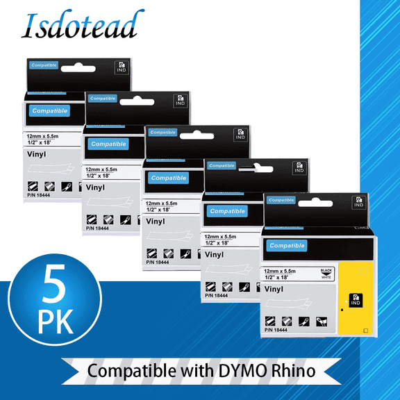 A18444 Vinly Tapes Replace for DYMO Rhino Permanent Vinyl 18444 1/2" 12mm Black on White Tapes a18444 Compatible with DYMO Rhino 4200 5200 5000 6000 Industrial Label Maker