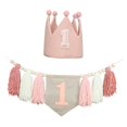 thumbnail image 1 of Banner de silla alta para primer cumpleaños, corona, sombrero, cuerda, 200 cm, accesorio para fotos, borla de cuentas de madera rosa, 1 of 9
