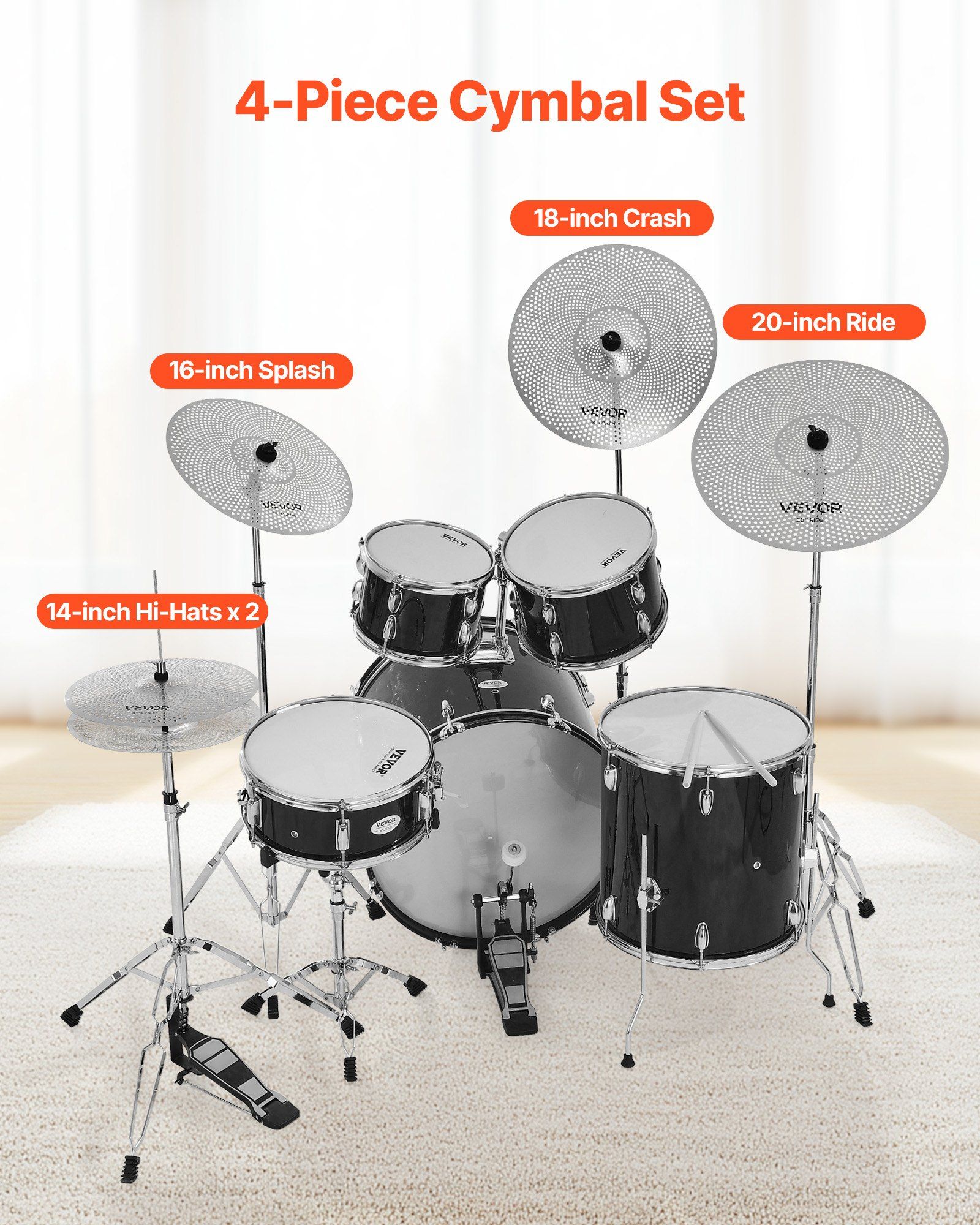 4 Piece Low Volume Quiet Cymbal Pack for Drum Set with 14 Inch Hi Hats 16 Inch Crash 18 Inch Crash 20 Inch Ride Cymbals Drumsticks and Bag Bright Copper Alloy