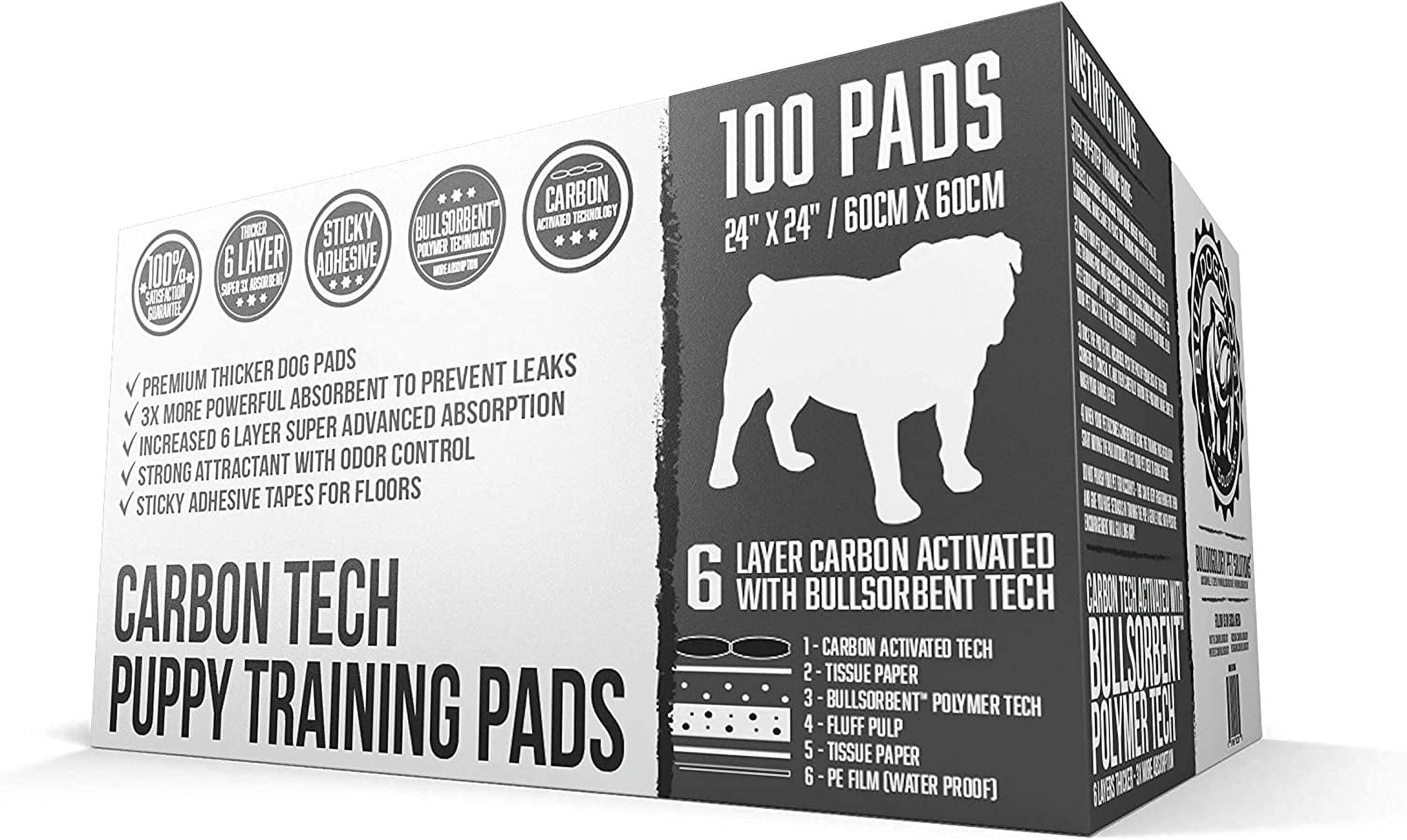 Bulldogology Premium Carbon Black Puppy Pee Pads with Adhesive Sticky Tape - Large Housebreaking Dog Training Wee Pads (24x24) 6 Layers with Extra Quick-Dry Bullsorbent Polymer (300-Count)