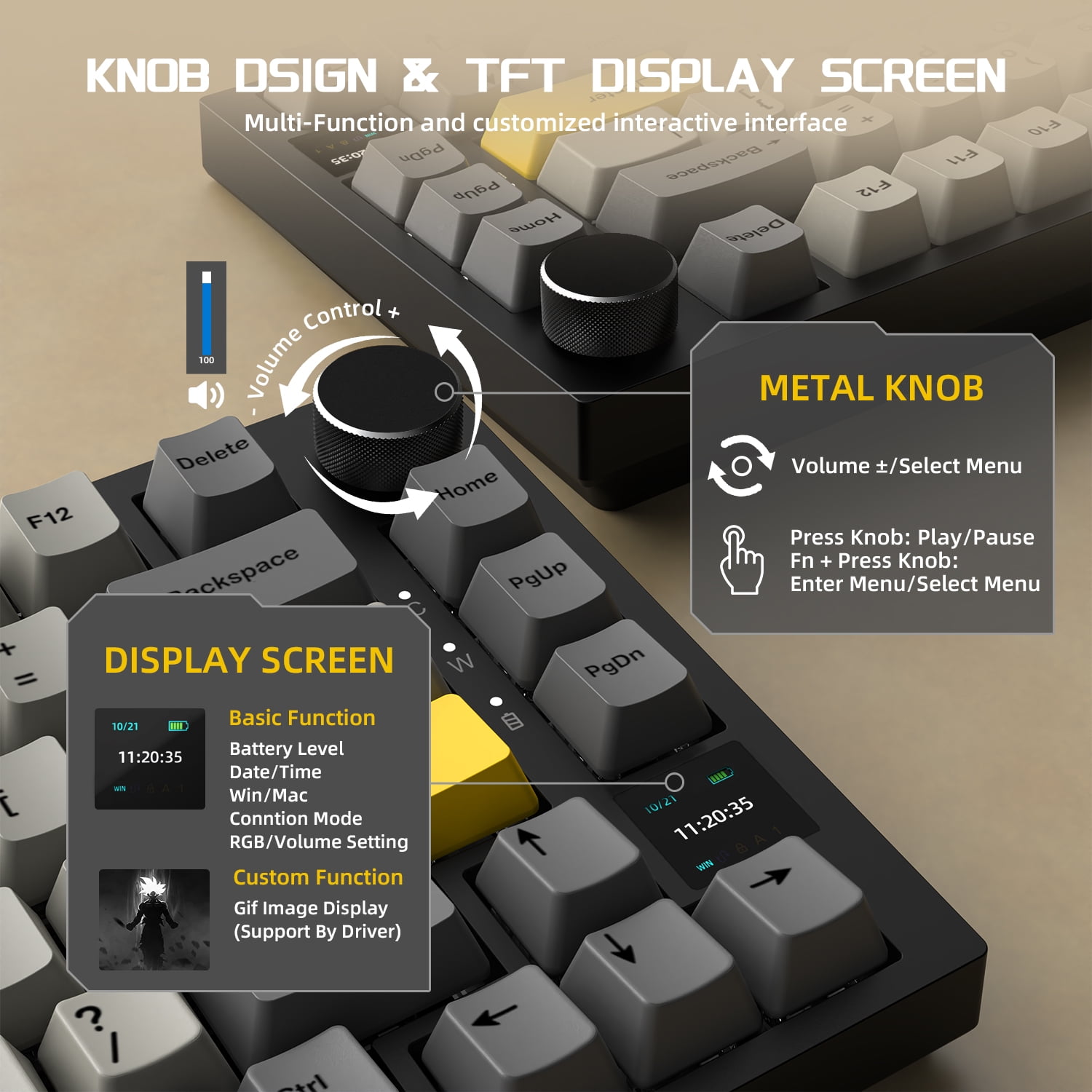 AJAZZ AK820 Pro 75% Wireless Mechanical Keyboard with TFT Smart Display&Knob, Gasket-Mounted Gaming Keyboard, BT/2.4GHz/USB-C Wired (Gray, Flying Fish Switch)