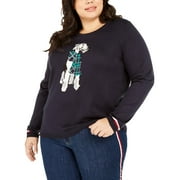 Tommy Hilfiger Womens Terrier Graphic Ribbed Trim Crewneck Sweater Navy 3X