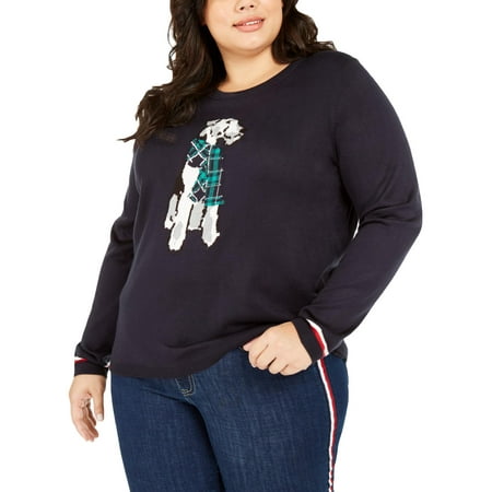 Tommy Hilfiger Womens Terrier Graphic Ribbed Trim Crewneck Sweater Navy 3X