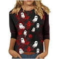 thumbnail image 2 of VKOYWKM Women Halloween Shirts 3/4 Sleeve Ghost Graphic T Shirts Casual Round Neck Loose Fit Vintage Top Spooky Print Tees, 2 of 5
