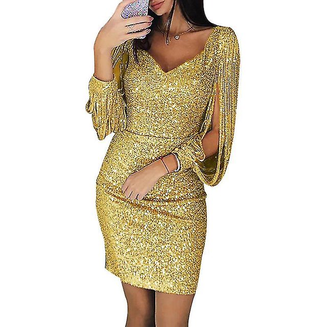 Vestido de lentejuelas para mujer, vestido corto sexy con cuello en V profundo y brillo, vestido largo por encima de la rodilla con manga borla