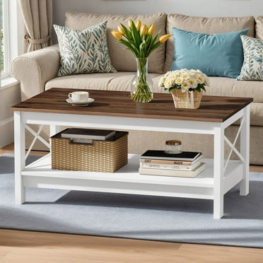ModFusion Farmhouse Coffee Table, Brown Wood Tabletop, 2 Tier Shelves Storage for Living Room, White